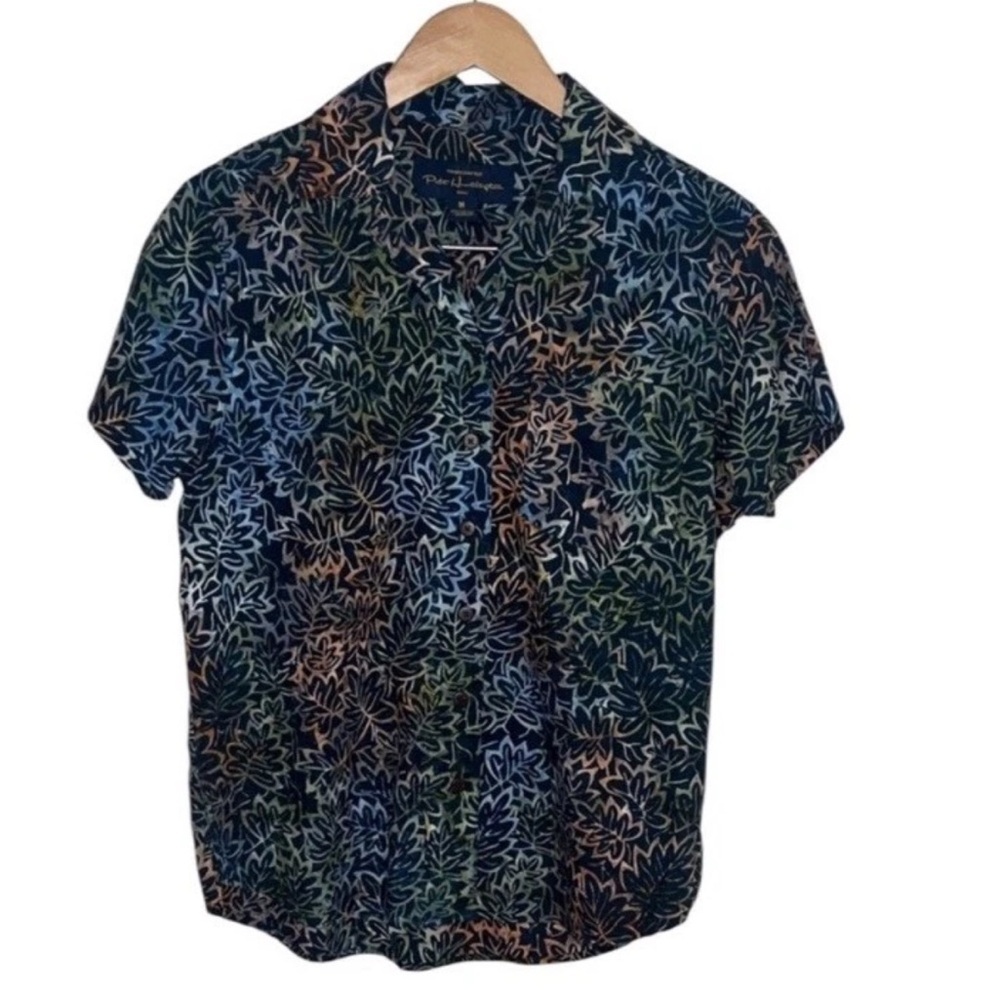 Pete Huntington Navy Batik Leaf Button Up Shirt Men Size M